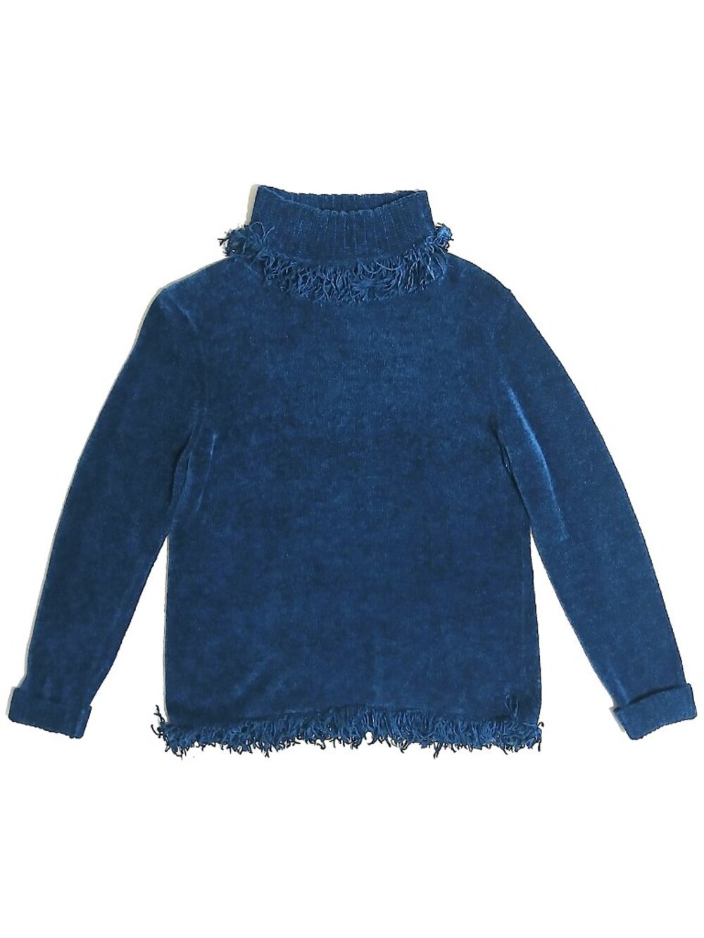 Rafaella Blue Fringe Turtleneck Sweater Small Boho Cozy Knit Long Sleeve